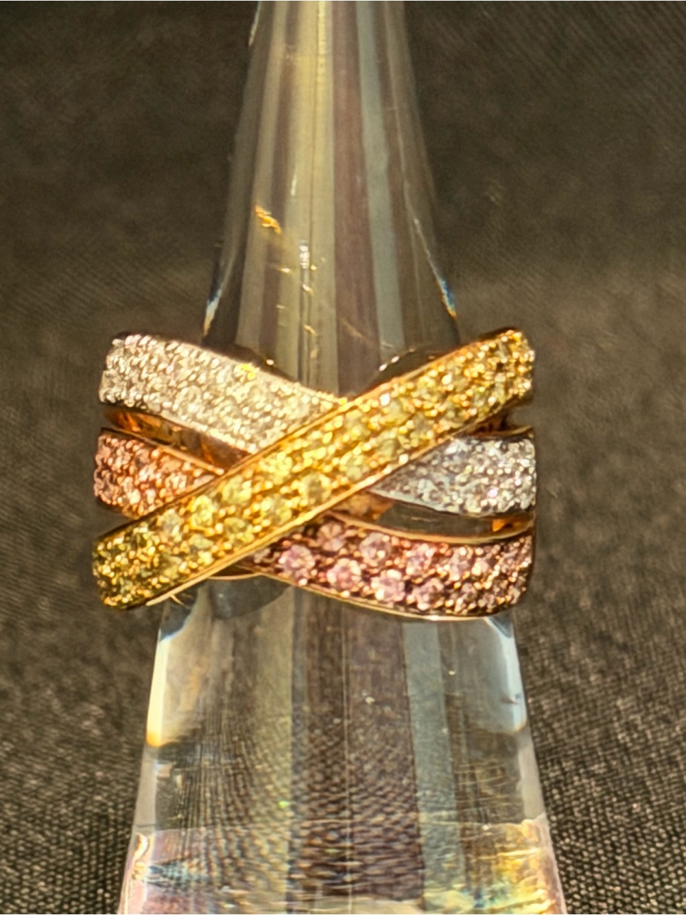 925 SS Tri-Color Crisscross Pavé Ring - Pink, Yellow & White Stones 💓 Sz 5
